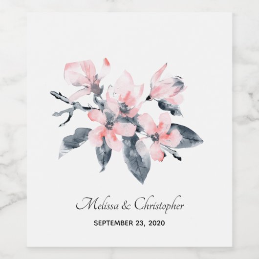 Roze en grijze bloemen Classy Waterverf Weddenscha Wijn Etiket (Enkel label)