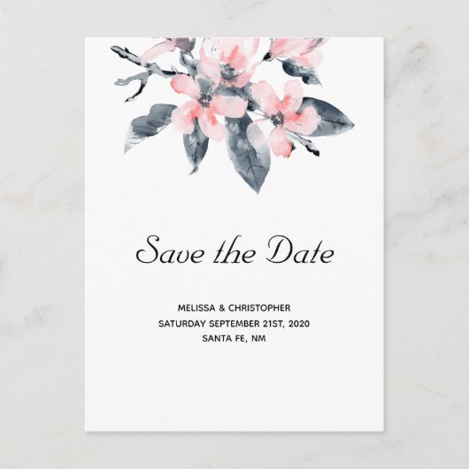 Roze en grijze bloemen Waterverf Opslaan datum Uitnodiging Briefkaart (Voorkant)