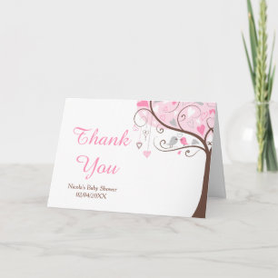 Roze en grijze bloemige vogel babyshower bedankt