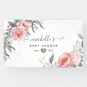 Roze en grijze boho bloemenkinderfeest spandoek