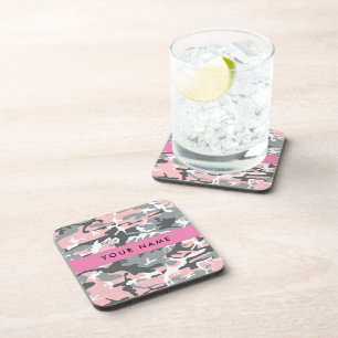 Roze en Grijze Camouflage Jouw naam Personaliseren Bier Onderzetter