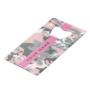 Roze en Grijze Camouflage Jouw naam Personaliseren Kredietkaart Flessenopener