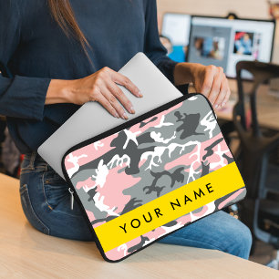 Roze en Grijze Camouflage Jouw naam Personaliseren Laptop Sleeve