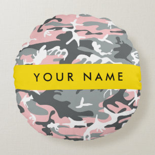 Roze en Grijze Camouflage Jouw naam Personaliseren Rond Kussen