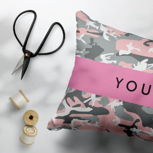 Roze en grijze camouflage personaliseer je naam accent kussen