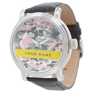 Roze en grijze camouflage personaliseer je naam horloge