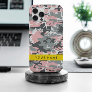 Roze en grijze camouflage personaliseer je naam iPhone 15 pro max hoesje