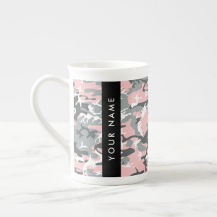 Roze en grijze camouflage personaliseer je naam porselein kop