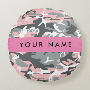 Roze en grijze camouflage personaliseer je naam rond kussen