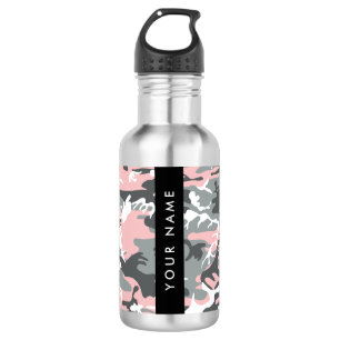 Roze en grijze camouflage personaliseer je naam waterfles 