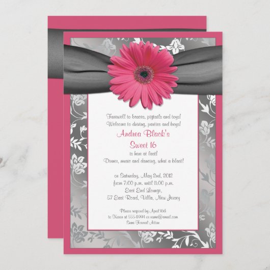 Roze en grijze Damask Sweet 16 Birthday Invitation Kaart (Voorkant / Achterkant)
