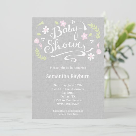 Roze en grijze Floral Baby shower Kaart (Staand voorkant)