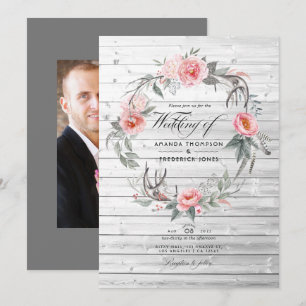 Roze en grijze Floral Bohemian Wedding Kaart