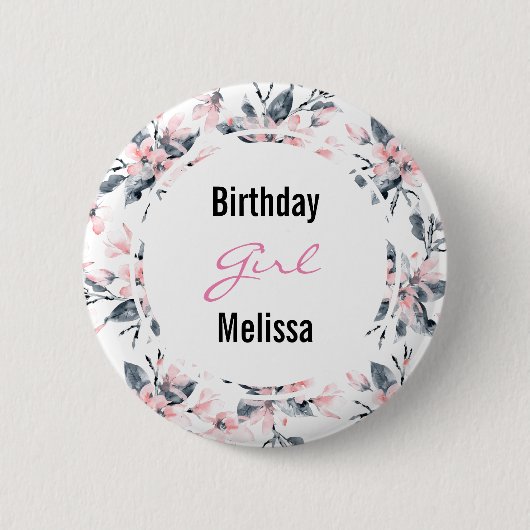 Roze en grijze Floral Pattern Birthday Girl Ronde Button 5,7 Cm (Voorkant)