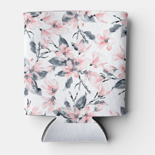 Roze en grijze Floral Waterverf Patroon Blikjeskoeler (Voorkant)