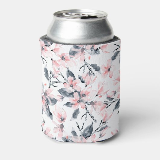 Roze en grijze Floral Waterverf Patroon Blikjeskoeler (Blikje Achterkant)