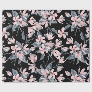 Roze en grijze Floral Waterverf Patroon Cadeaupapier