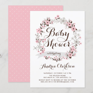 Roze en grijze Floral Wreated Baby shower Kaart