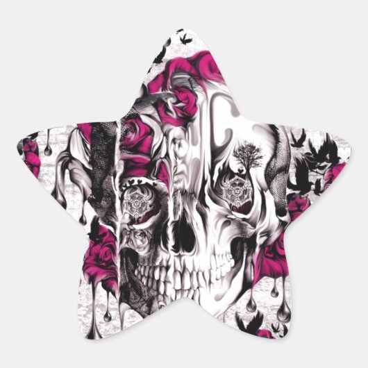 Roze en grijze gemalen schedel ster sticker (Voorkant)