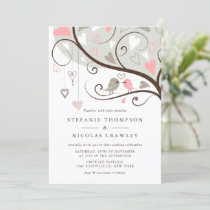 Roze en grijze grillige lovebirds bruiloft kaart