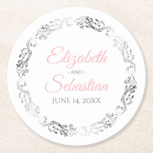 Roze en grijze legant Floral Filigree Wedding Ronde Kartonnen Onderzetter