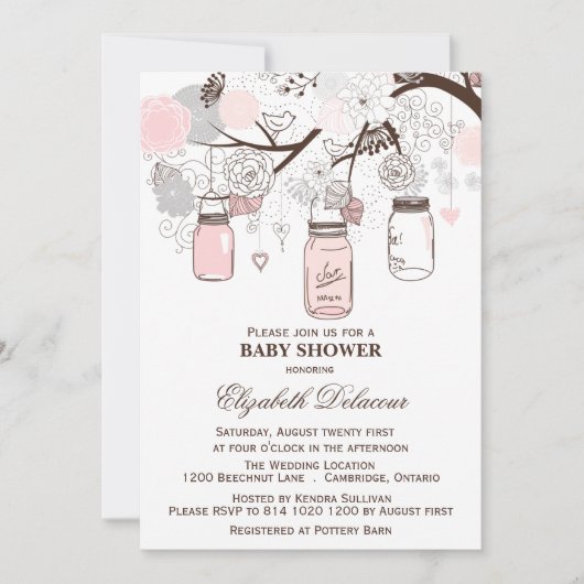 Roze en grijze Mason Jars Baby Shower-uitnodiginge Kaart (Voorkant)