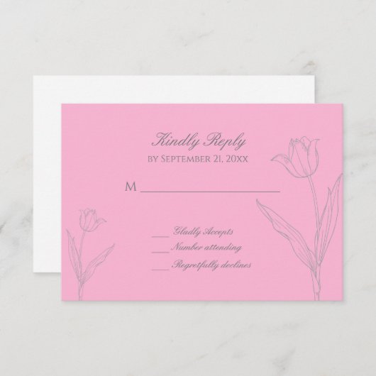 Roze en grijze minimalistische tulpbruiloft RSVP kaartje (Voorkant / Achterkant)