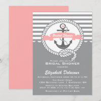 Roze en Grijze Nautical Bridal Shower Invitation