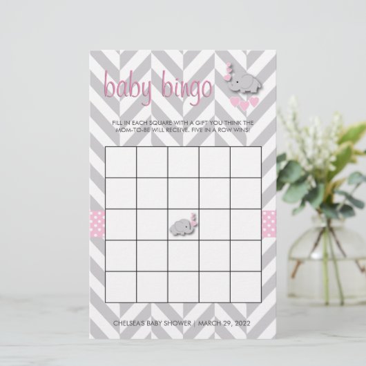 Roze en grijze olifant Baby shower Bingo Briefpapier (Staand voorkant)