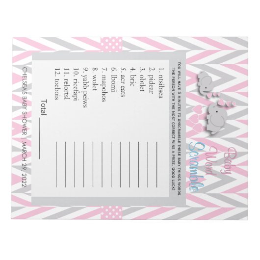 Roze en grijze olifant Baby shower Game 2 Notitieblok (Voorkant)
