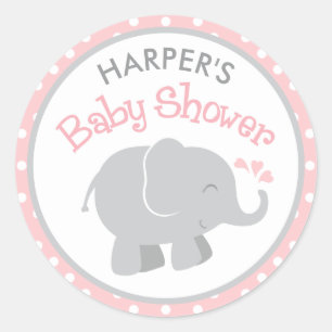 Roze en grijze olifant baby shower ronde sticker
