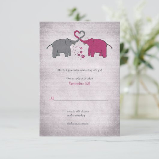 Roze en grijze olifant bruiloft antwoord Kaart (Staand voorkant)
