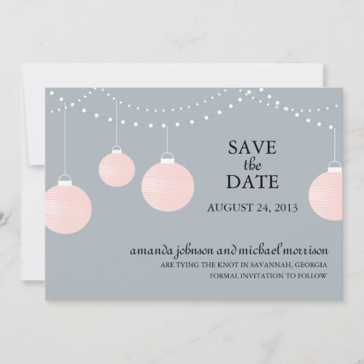 Roze en grijze papieren lantaarns bruiloft sparen save the date (Voorkant)