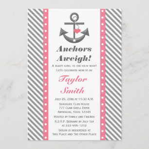 Roze en grijze poka Anchor Nautical Baby shower Kaart