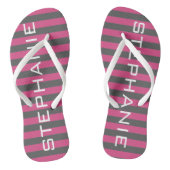 Roze en grijze ringstrepen met aangepaste naam teenslippers (Voetbed)