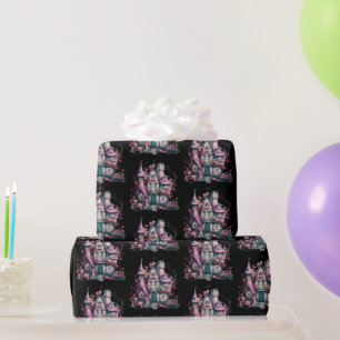 Roze en grijze spookhuis patroon Halloween Cadeaupapier