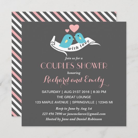 Roze en grijze vederparen schoeisel uitnodiging (Voorkant / Achterkant)