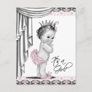 Roze en grijze vintage babymeisjesfeest kaart