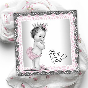 Roze en grijze vintage babymeisjesfeest kaart