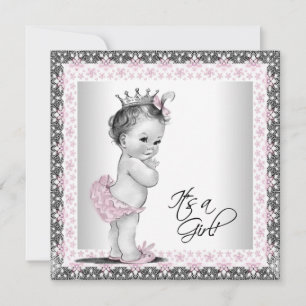 Roze en grijze vintage babyshower voor meisje kaart