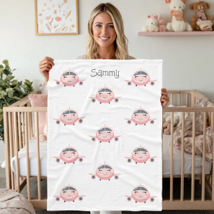 Roze en grijze vliegtuig meisjesnaam gepersonalise fleece deken
