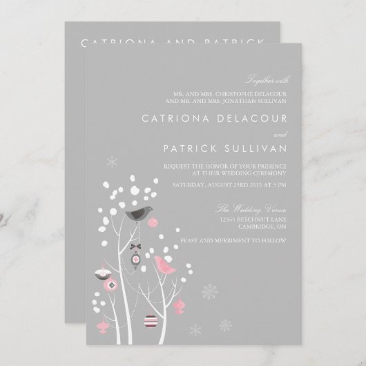 Roze en grijze vogels Winter Sneeuwweddenschap Kaart (Voorkant / Achterkant)