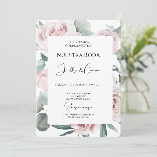 Roze en groen Bloemen Spaans Bruiloft Uitnodiging (Staand voorkant)
