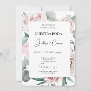 Roze en groen Bloemen Spaans Bruiloft Uitnodiging