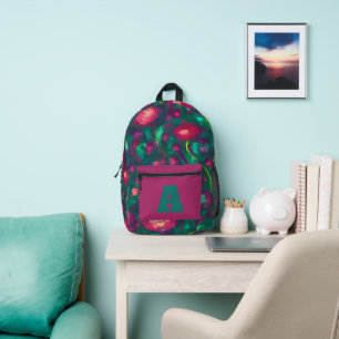 Roze en groen bloemmotief monogram bedrukte rugzak