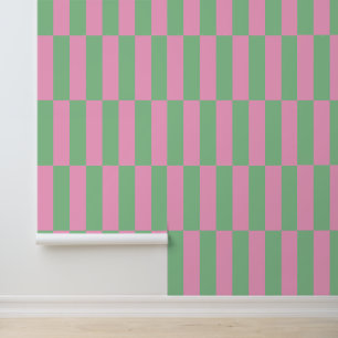Roze en groen gestreept geometrisch patroon behang