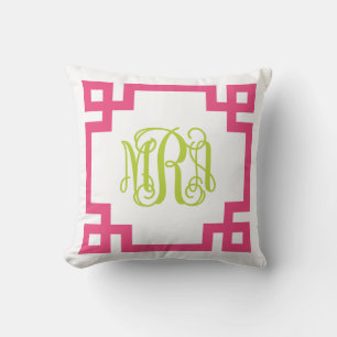 Roze en Groen Grieks Sleutelschrift Monogram Kussen