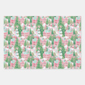 Roze en Groen Kerstdorp Inpakpapier Vel (Voorkant 3)