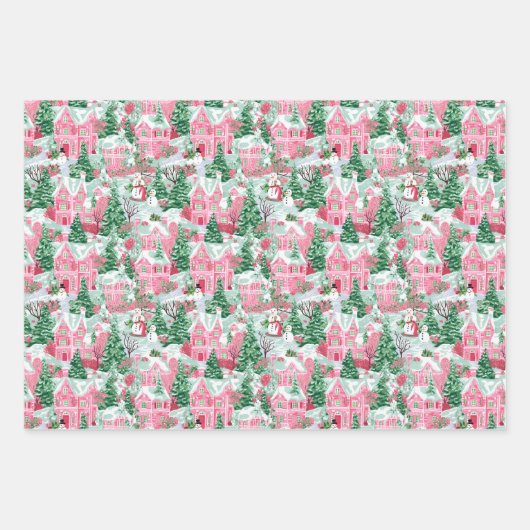 Roze en Groen Kerstdorp Inpakpapier Vel (Voorkant 2)