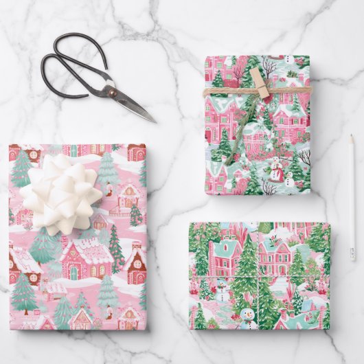 Roze en Groen Kerstdorp Inpakpapier Vel (Voorkant)